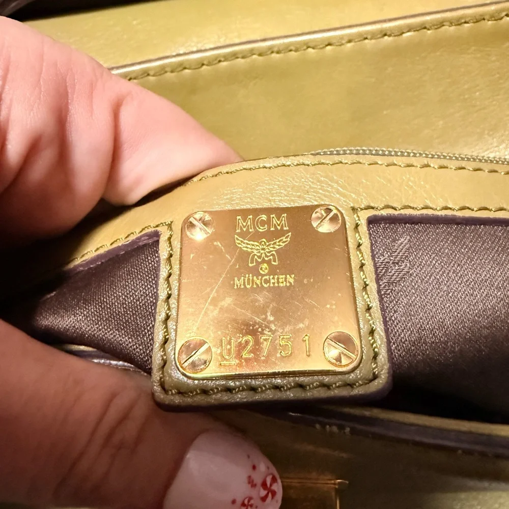 MCM Olive Leather Briefcase with Gold Accents